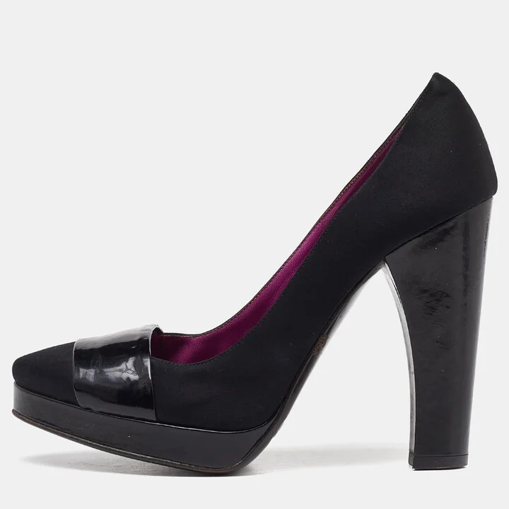 D & G Black Satin and Patent Leather Platform Block Heel Pumps Size 39