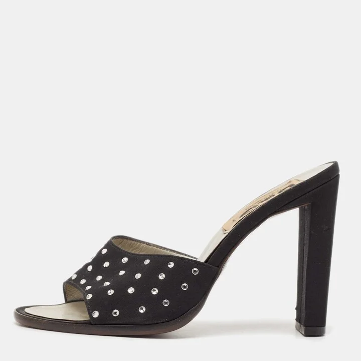 D & G Black Satin Crystal Embellished Slide Sandals Size 37