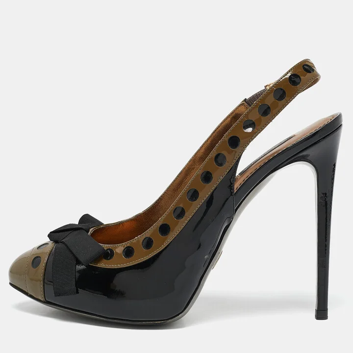 D & G Grey/Black Patent Leather Bow Slingback Pumps Size 40