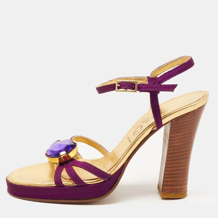 D & G Purple /Gold Leather Crystal Embellished Ankle Strap Block Heel Sandals Size 36