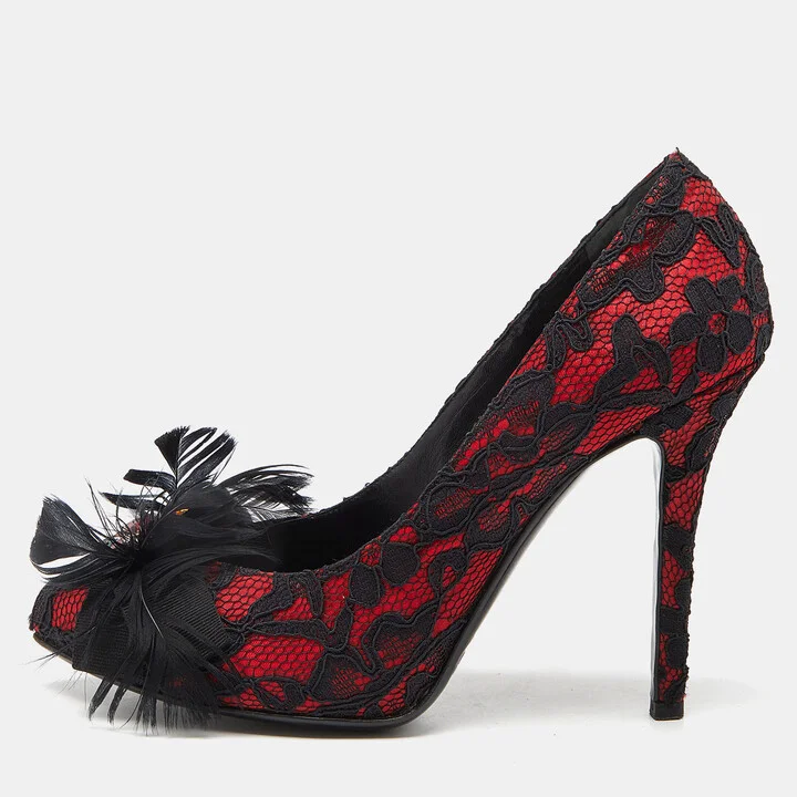 D & G Red/Black Feather and Crystal Embellished Lace and Satin Pumps Size 37.5