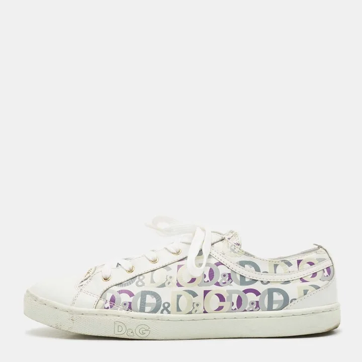 D & G White Leather D & G Allover Low Top Sneakers Size 37