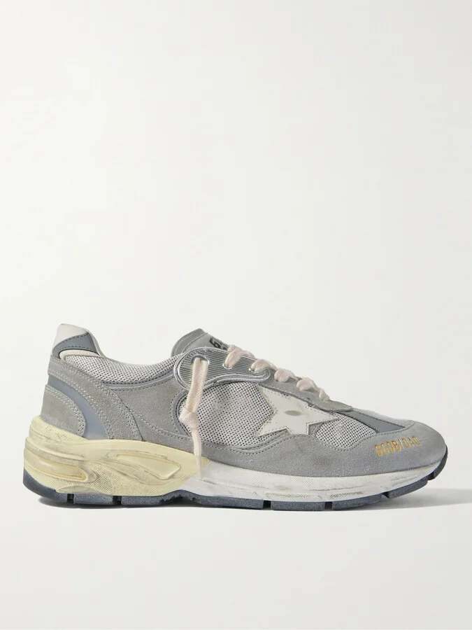 Dad-Star Distressed Leather-Trimmed Suede and Mesh Sneakers