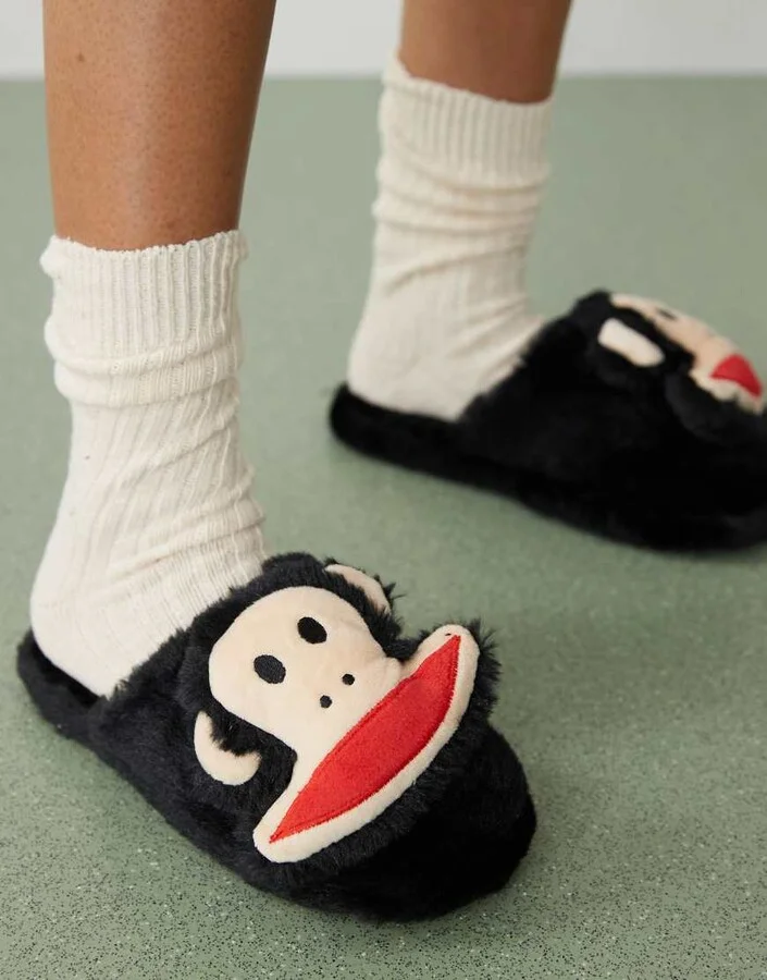 Daisy Street x Paul Frank fluffy slippers with 3D face in black - Image 2