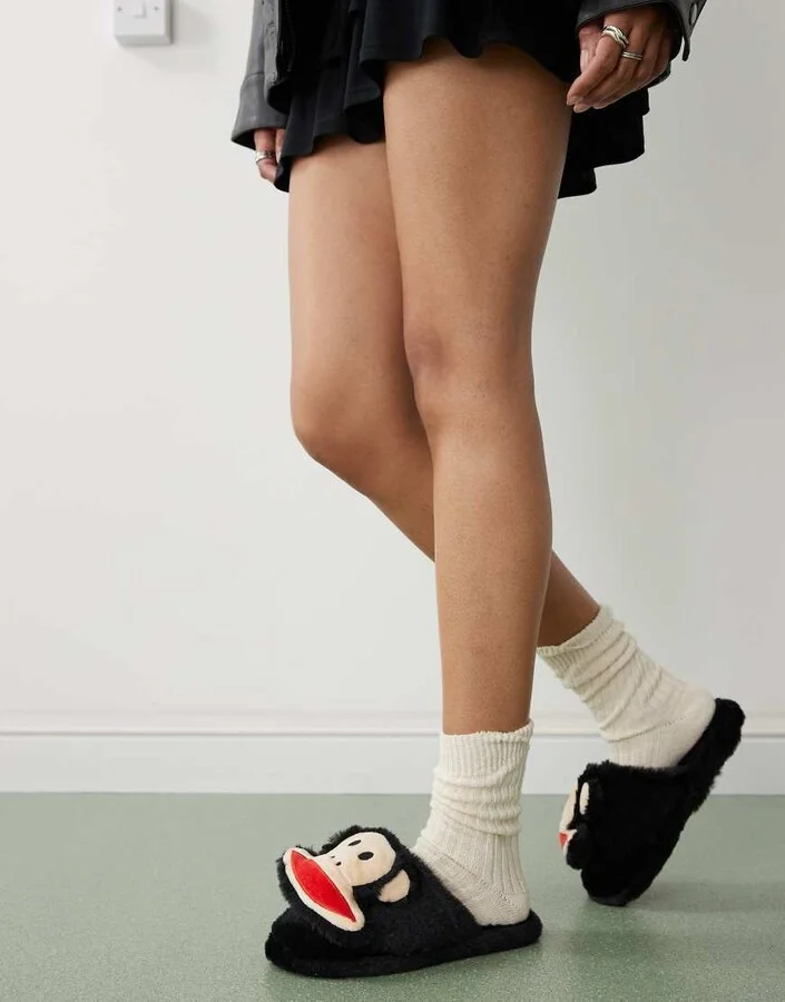 Daisy Street x Paul Frank fluffy slippers with 3D face in black - Image 3
