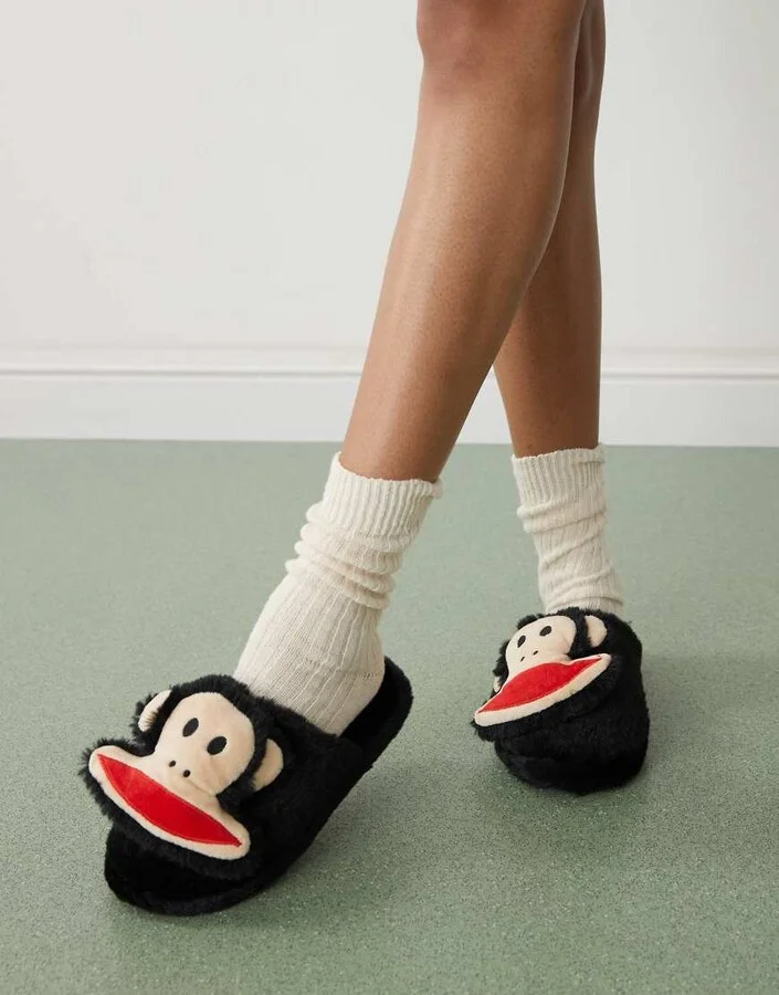 Daisy Street x Paul Frank fluffy slippers with 3D face in black