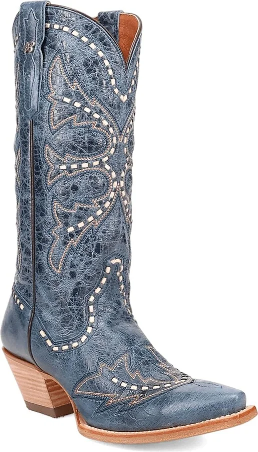 Dan Post Boots Womens Mesa Embroidered Snip Toe Pull On Casual Boots Mid Calf Low Heel 1-2" - Blue - Size 7 M
