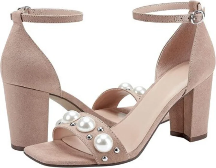 Danai Sandals Women's 10 Pink Suede Pearls Ankle Strap Block Heels KHD432