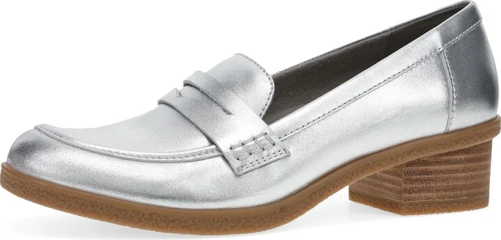 Dansko Danica Heeled Loafer for Women - Waterproof Leather with Rubber Outsole and Leather Stacked Heel for Long-Lasting Style in Any Weather Silver Metallic 9.5-10 M US