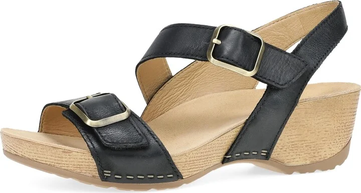 Dansko Trinity Wedge Sandal for Women – Contoured Footbed for All-Day Comfort and Support – Hook & Loop Strap with Buckle Detail – Lightweight Rubber Outsole Black 8.5-9 M US