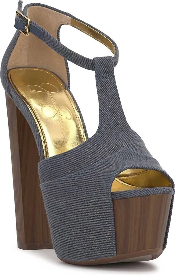 Dany T-Strap Platform Sandal In Dark Blue Denim