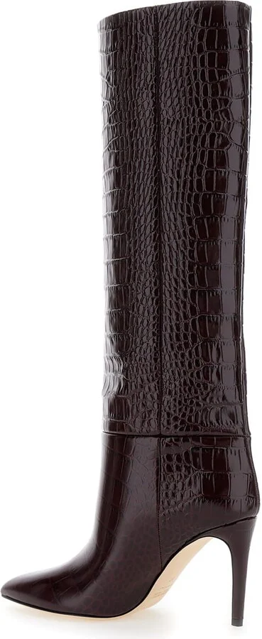 Dark Bordeaux High Boots With Stiletto Heel In Croco Embossed Leather Woman - Image 3