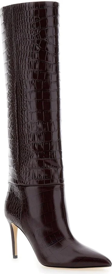 Dark Bordeaux High Boots With Stiletto Heel In Croco Embossed Leather Woman - Image 2