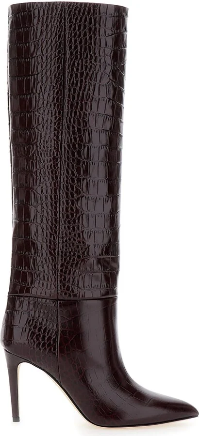 Dark Bordeaux High Boots With Stiletto Heel In Croco Embossed Leather Woman