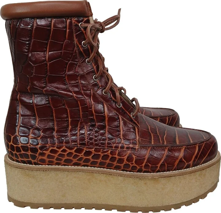 David Cogna Embossed Platform Lace Up Boots in Brown Leather