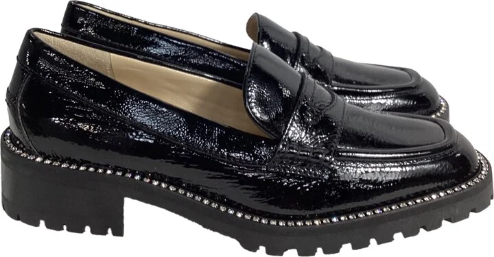 Deanna Crystal-Embellished Loafers in Black Patent Leather