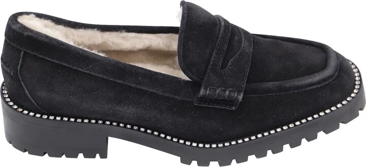 Deanna Crystal-Embellished Shearling-Lined Loafers in Black Suede