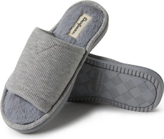 Dearfoam Women Demi Rib Knit Fuzzy Slide Houe Slipper - Light Heather Grey Size S - Image 2