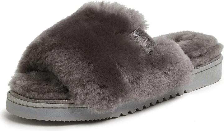 Dearfoams womens Fireside Genuine Shearling Slide With Metallic Suede Trim Slipper
