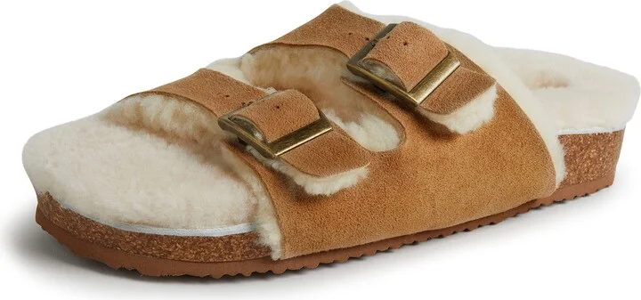 Dearfoams Women's Fireside Tamworth Shearling Slide Sandal with Cork Footbed and Adjustable Buckles