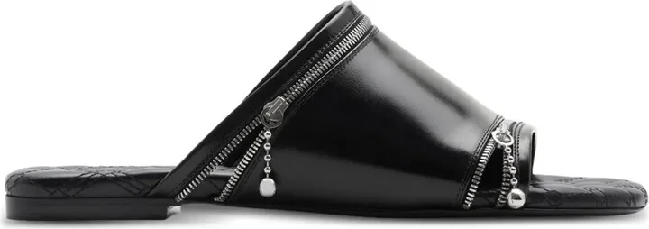 Decorative-Zip Flat Leather Sandals
