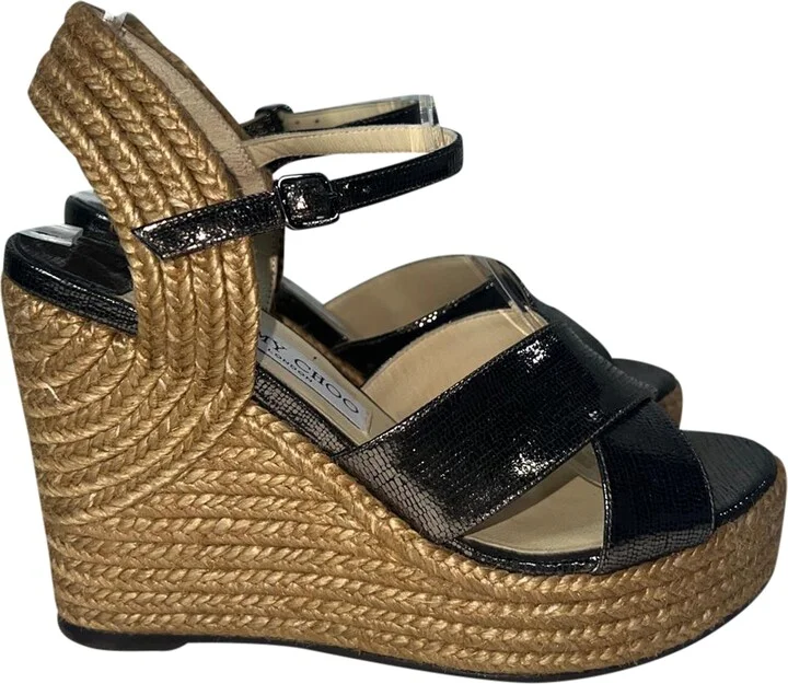 Dellena Espadrille Wedge Sandals in Black Leather