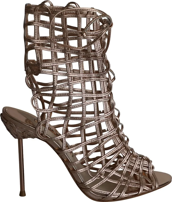 Delphine Metallic Cage Lace-up Sandals in Gold Leather