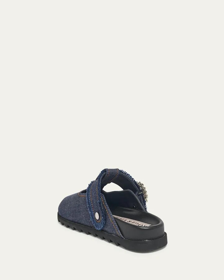 Denim Crystal Buckle T-Strap Mule Clogs - Image 2