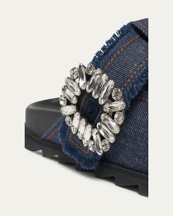 Denim Crystal Buckle T-Strap Mule Clogs - Image 3