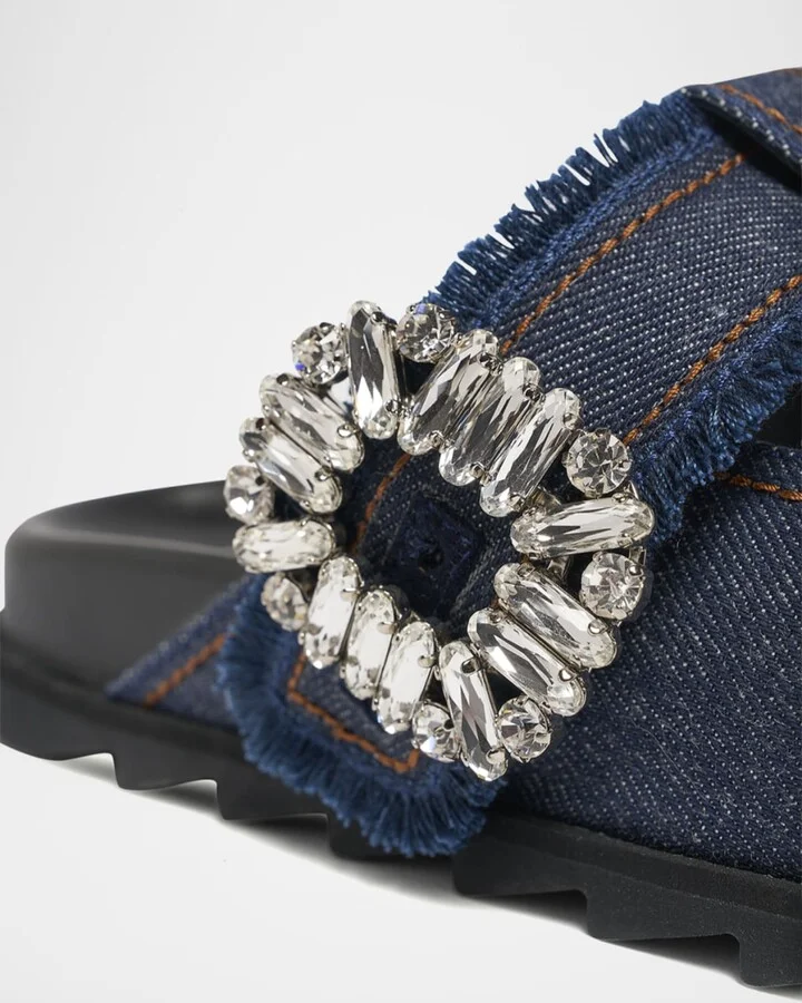 Denim Crystal Buckle T-Strap Mule Clogs - Image 2