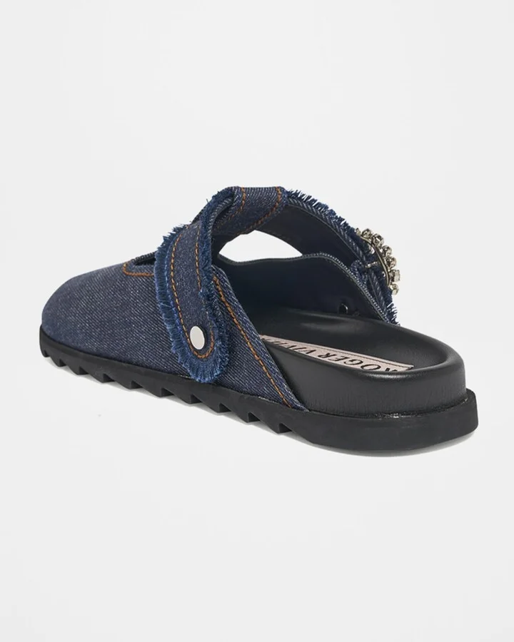 Denim Crystal Buckle T-Strap Mule Clogs - Image 4