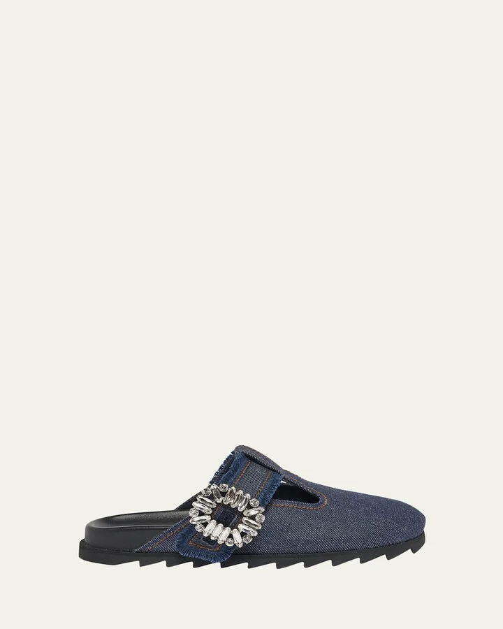 Denim Crystal Buckle T-Strap Mule Clogs