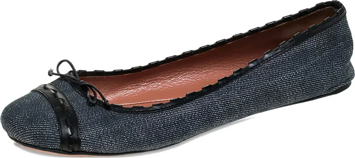 Denim Leather-Trim Ballet Flats