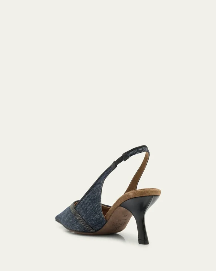 Denim Pointed-Toe Slingback Pumps with Monili Trim - Image 3