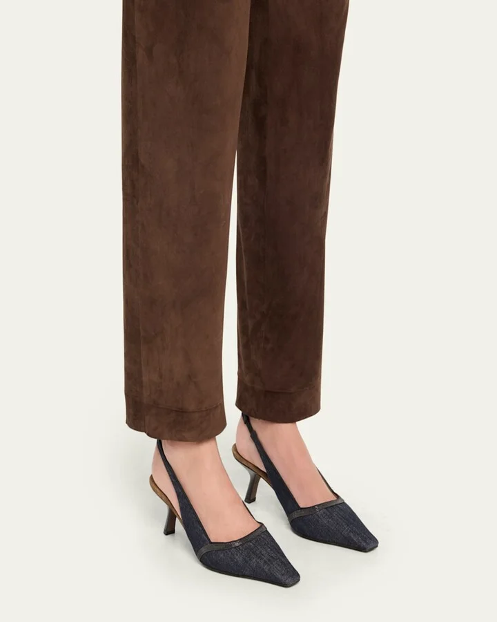 Denim Pointed-Toe Slingback Pumps with Monili Trim - Image 4