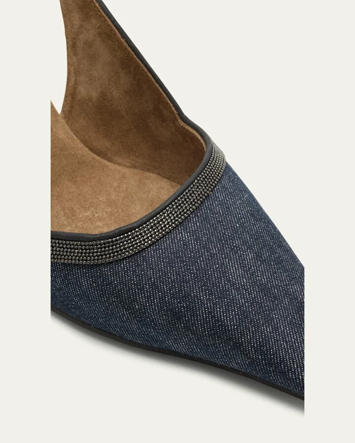 Denim Pointed-Toe Slingback Pumps with Monili Trim - Image 10