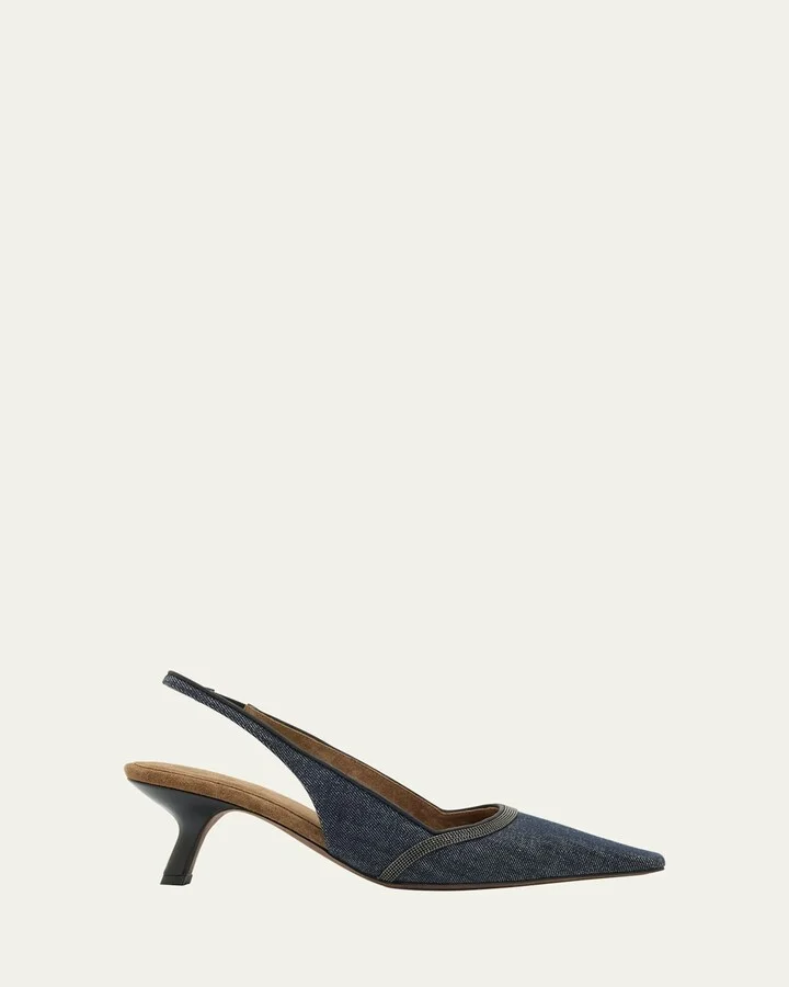 Denim Pointed-Toe Slingback Pumps with Monili Trim