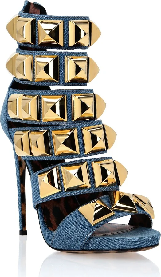 Denim Sandals High Heels Studs