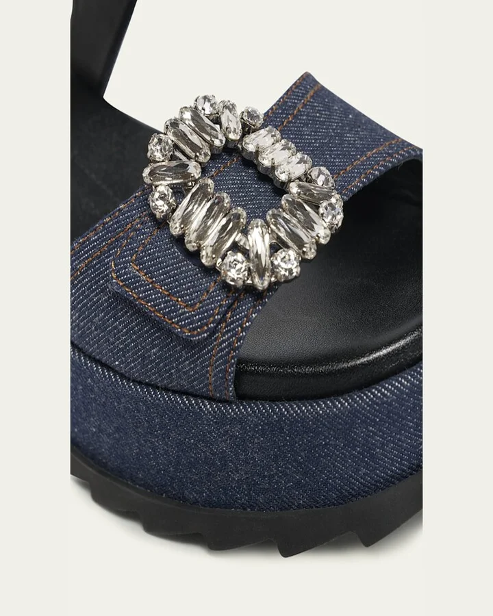 Denim Strass Wedge Sandals - Image 3