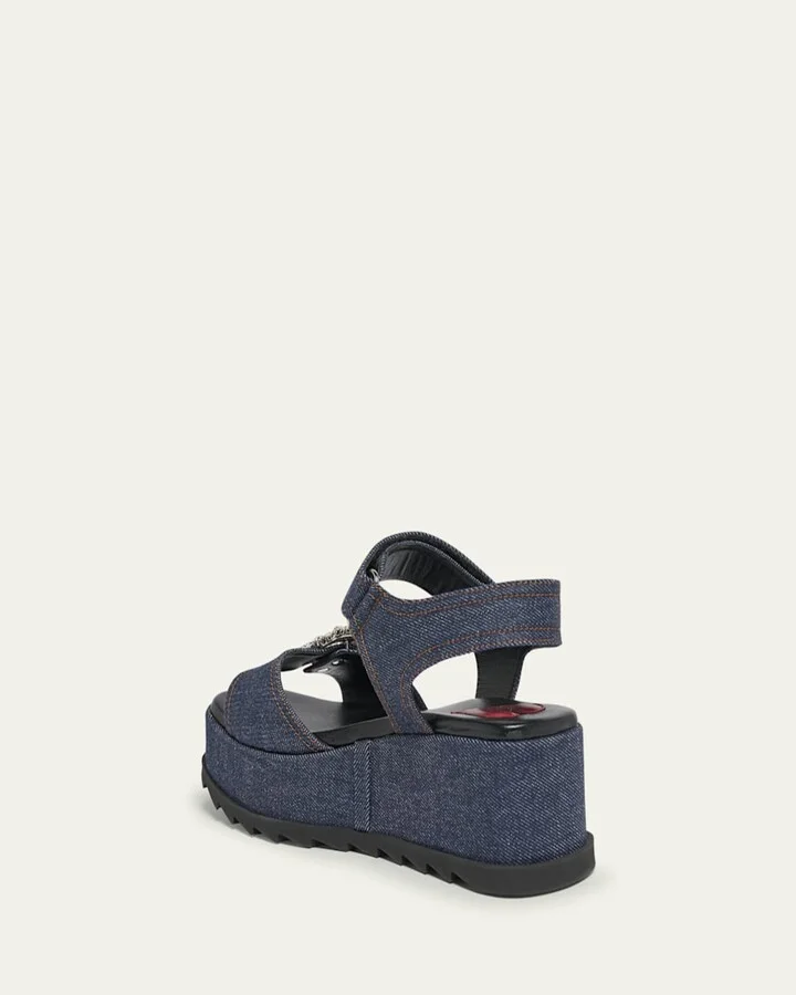 Denim Strass Wedge Sandals - Image 5