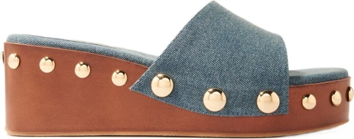 Denim studded wedge mules