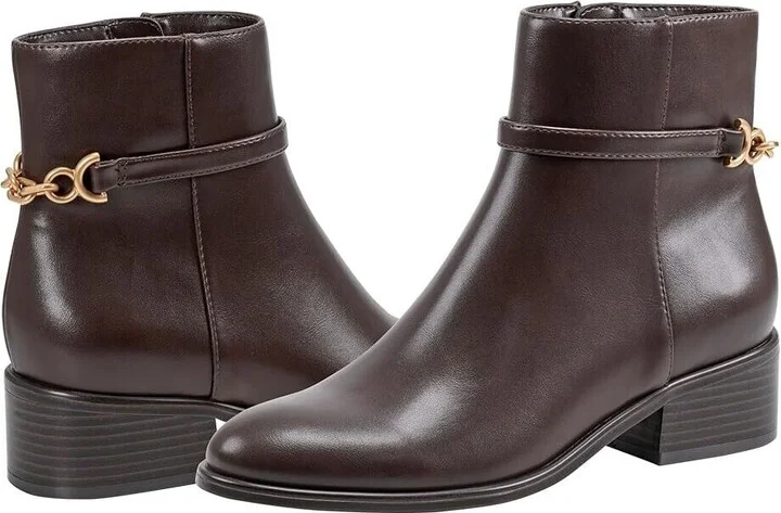 Despina Women's 11 Dark Brown Leather Block Heel Ankle Booties RHS3475