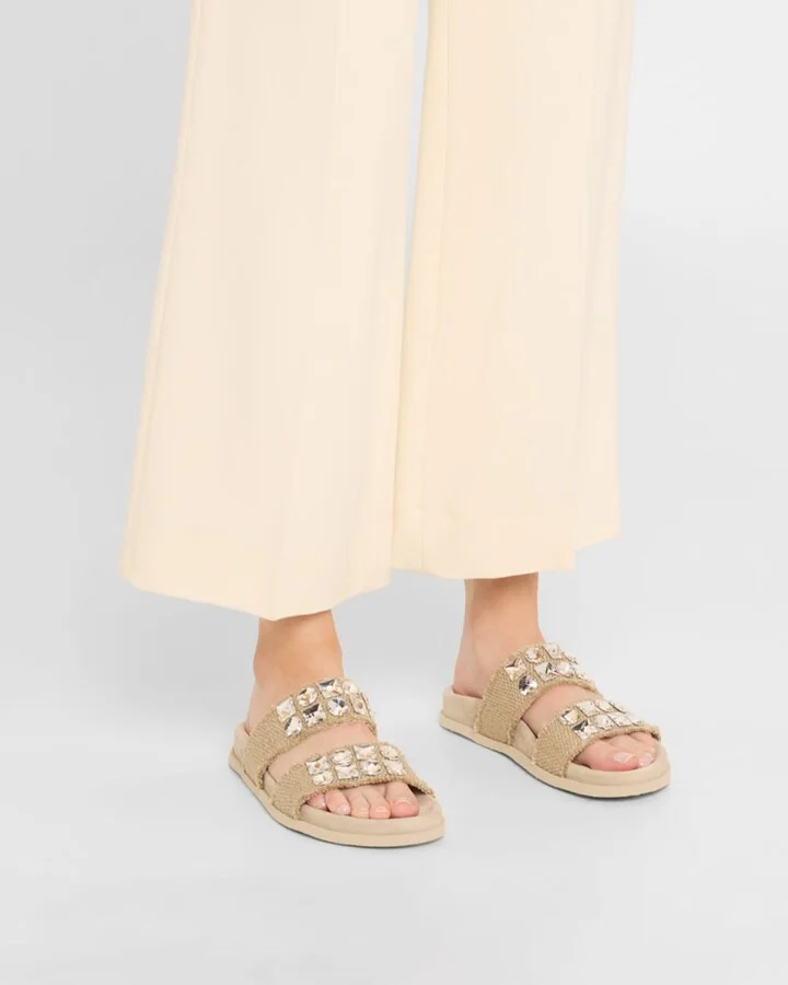 Dilys Two-Band Embellished Frayed Linen Sandals - Image 3