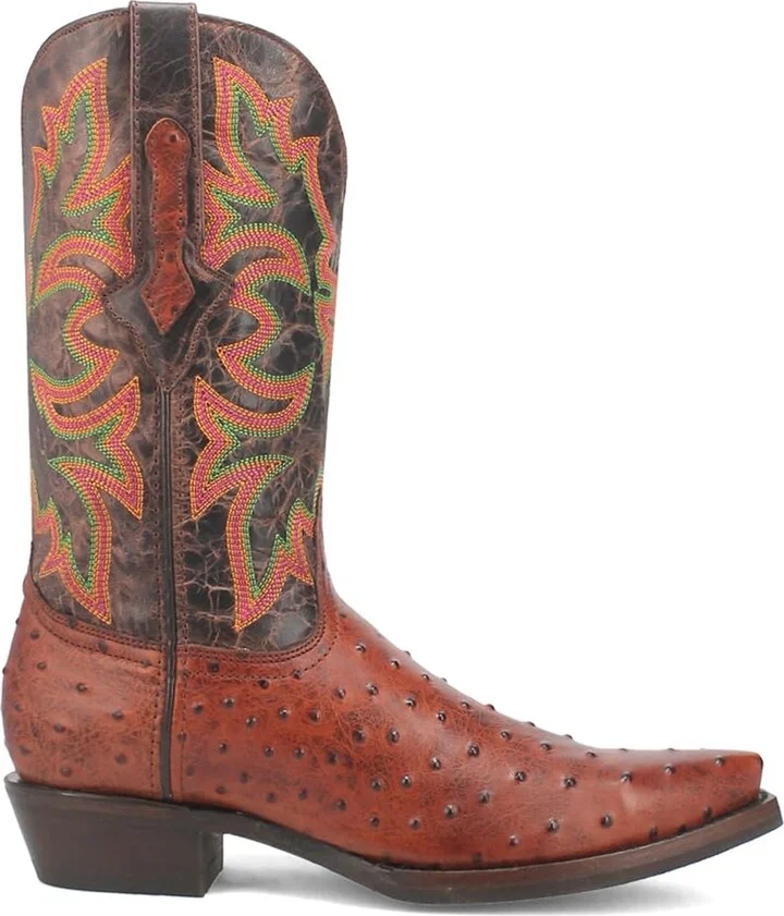Dingo Mens Outlaw Embroidered Ostrich Print Snip Toe Casual Boots Mid Calf - Brown - Size 8 M