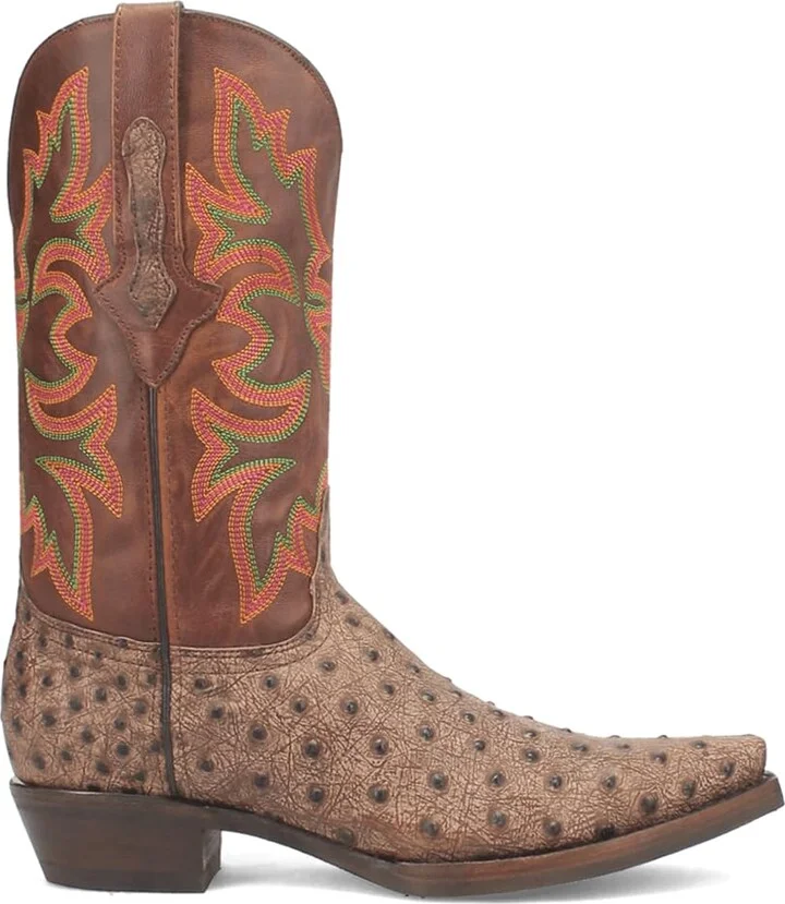 Dingo Mens Outlaw Embroidered Ostrich Print Snip Toe Casual Boots Mid Calf - Brown - Size 9.5 M
