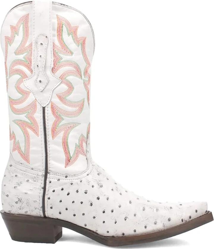 Dingo Mens Outlaw Embroidered Ostrich Print Snip Toe Casual Boots Mid Calf - White - Size 8.5 M