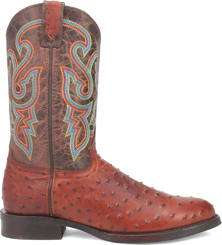 Dingo Mens Ranger Leather Embroidered Ostrich Print Round Toe Dress Boots Mid Calf - Brown - Size 11 W
