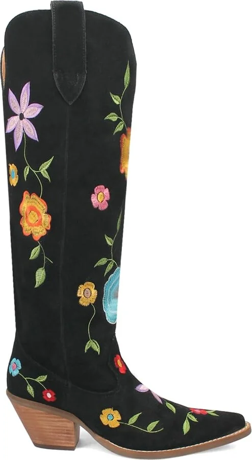 Dingo Womens Flower Power Embroidered Floral Snip Toe Pull On Casual Boots Over the Knee Mid Heel 2-3" - Black - Size 9 M