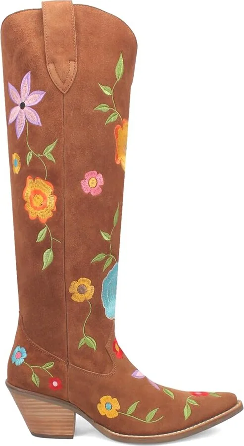Dingo Womens Flower Power Embroidered Floral Snip Toe Pull On Casual Boots Over the Knee Mid Heel 2-3" - Brown - Size 6 M