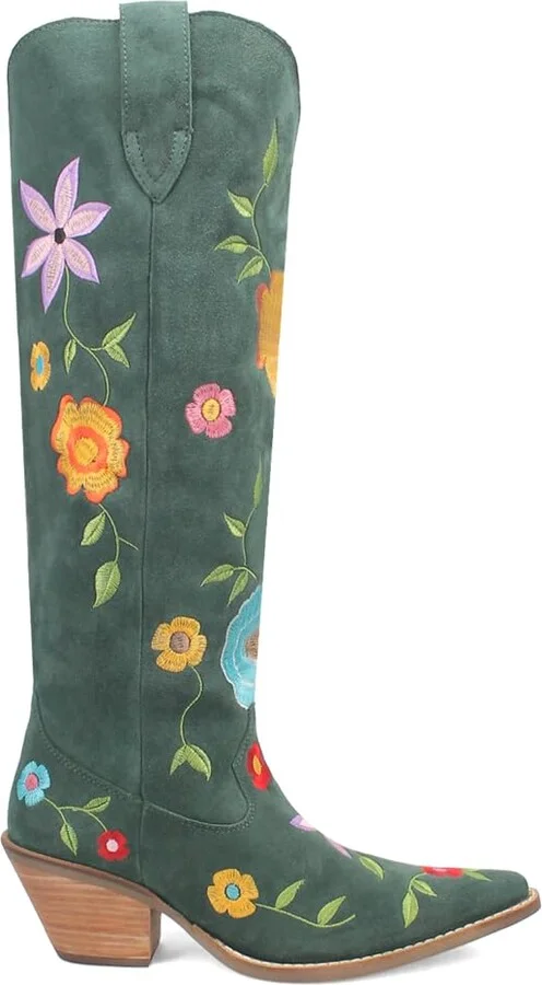 Dingo Womens Flower Power Embroidered Floral Snip Toe Pull On Casual Boots Over the Knee Mid Heel 2-3" - Green - Size 11 M